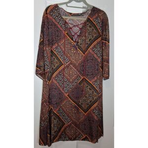 Lola womens large paisley shift dress Italian batik rust earthtone